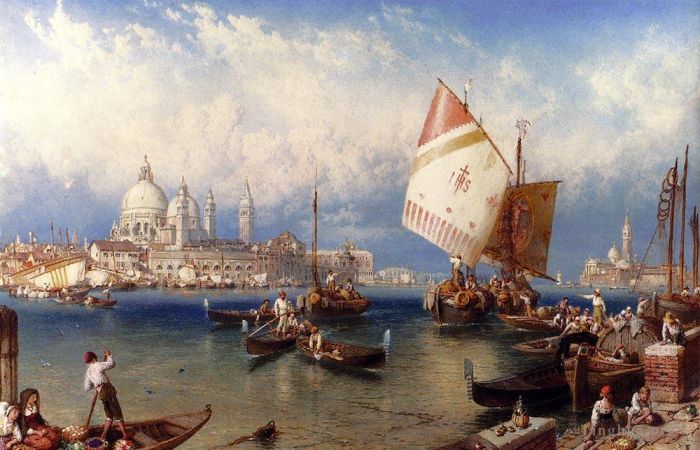 Myles Birket Foster Oil Painting - A market Day On The Giudecca Venice
