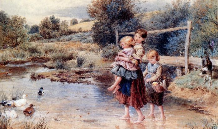 Myles Birket Foster Oil Painting - Children Paddling In A Stream