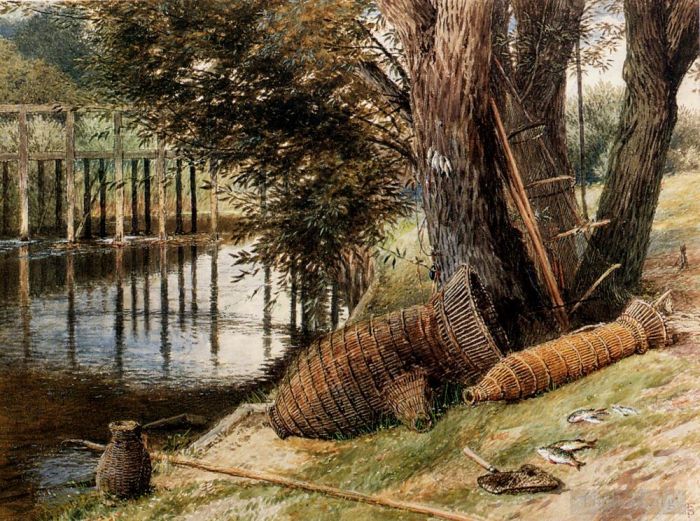 Myles Birket Foster Oil Painting - Eel Pots On The banks Of A River