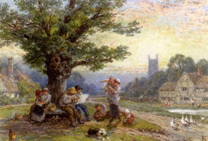 Myles Birket Foster Oil Painting - Fugures And Children Beneath A Tree In A Village