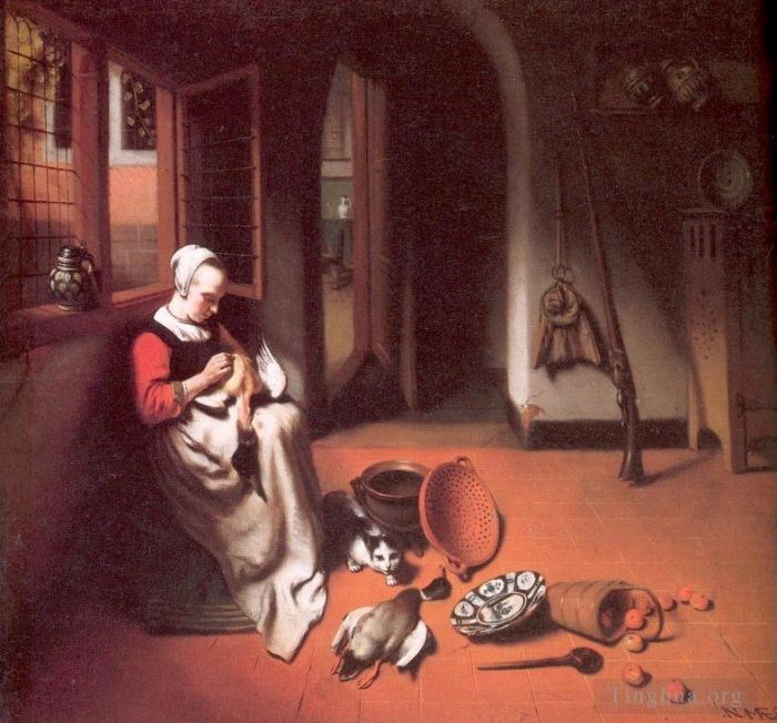 Nicolaes Maas Oil Painting - Woman Plucking a Duck