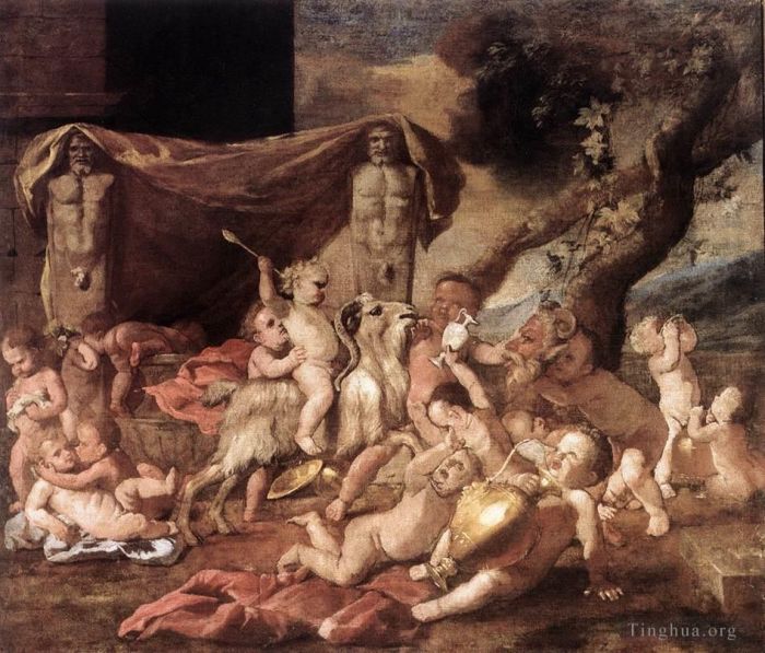 Nicolas Poussin Oil Painting - Bacchanal of Putti