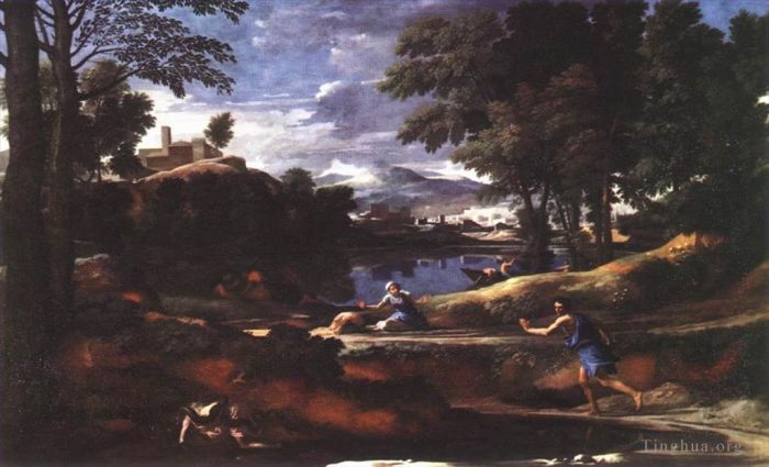 Nicolas Poussin Oil Painting - Landscape with man killed by snake