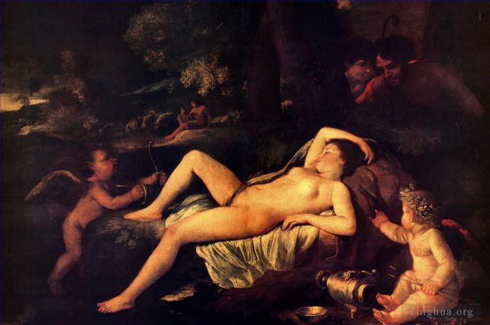 Nicolas Poussin Oil Painting - Nicholas Sleeping Venus and Cupid