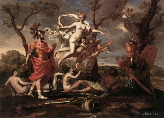 Nicolas Poussin Oil Painting - Venus Presenting Arms to Aeneas