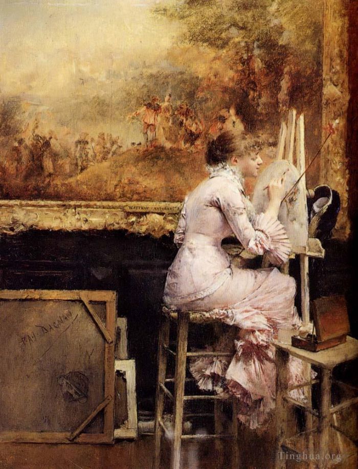 Pascal-Adolphe-Jean Dagnan-Bouveret Oil Painting - Pascal Adolphe Jean Young Watercolourist In The Louvre