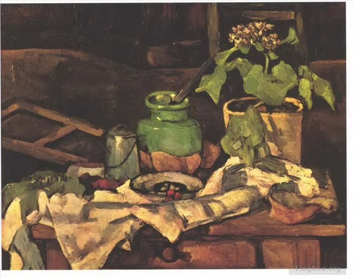 Paul Cezanne Oil Painting - Flower pot at a table