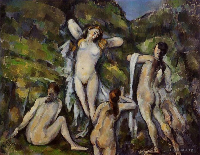 Paul Cezanne Oil Painting - Four Bathers 1890