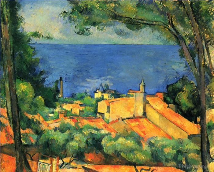 Paul Cezanne Oil Painting - L Estaque with Red Roofs