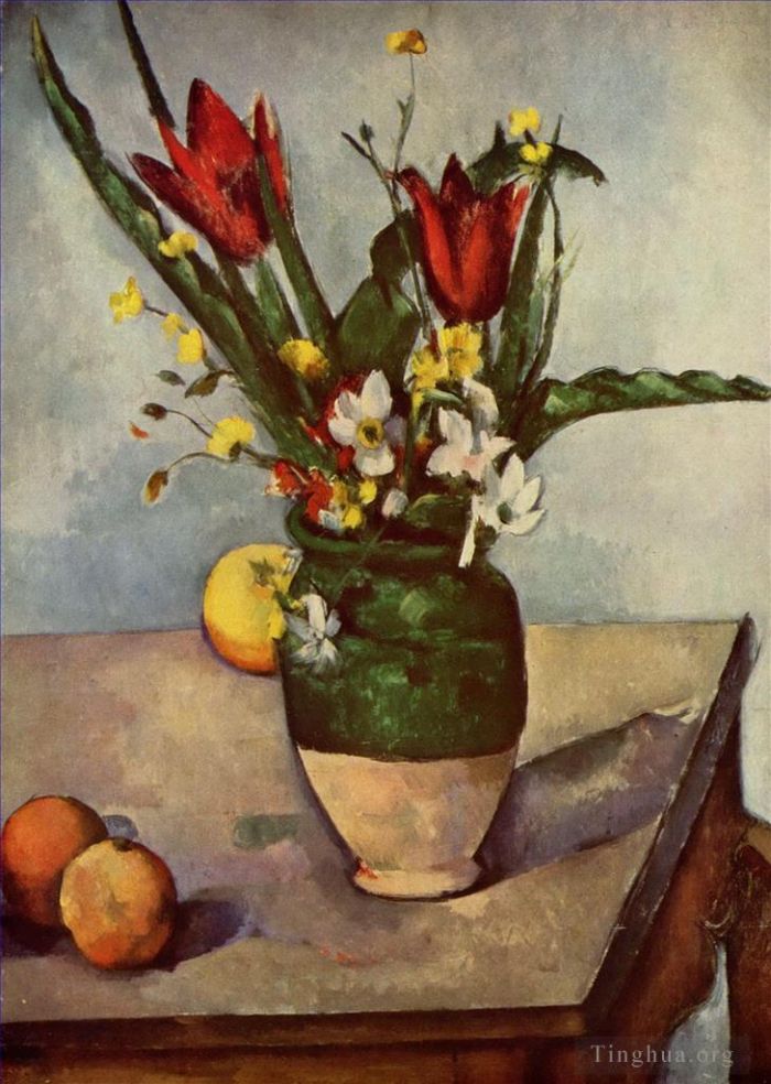 Paul Cezanne Oil Painting - Still Life Tulips and apples