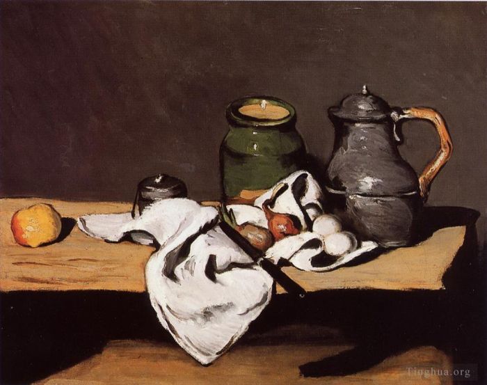 Paul Cezanne Oil Painting - Still Life with Green Pot and Pewter Jug