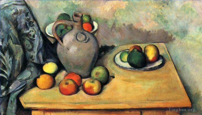 Paul Cezanne Oil Painting - Still life jug and fruit on a table