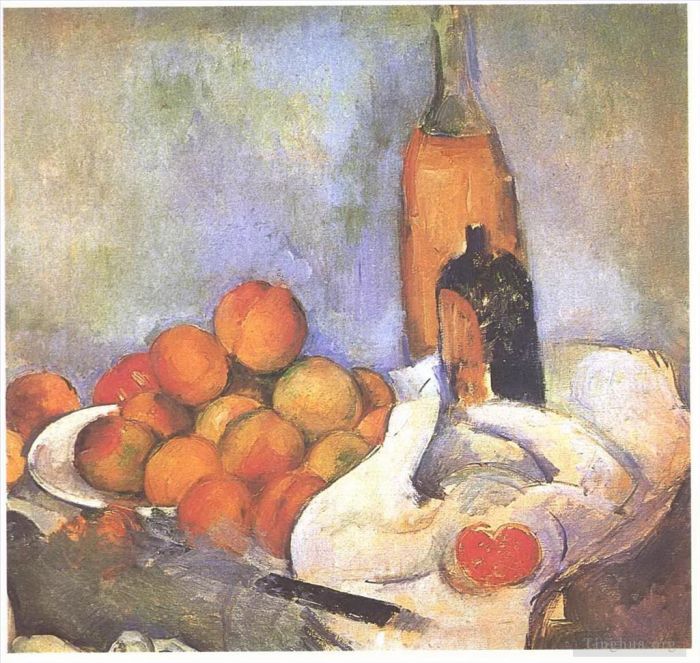 Paul Cezanne Oil Painting - Still life with bottles and apples
