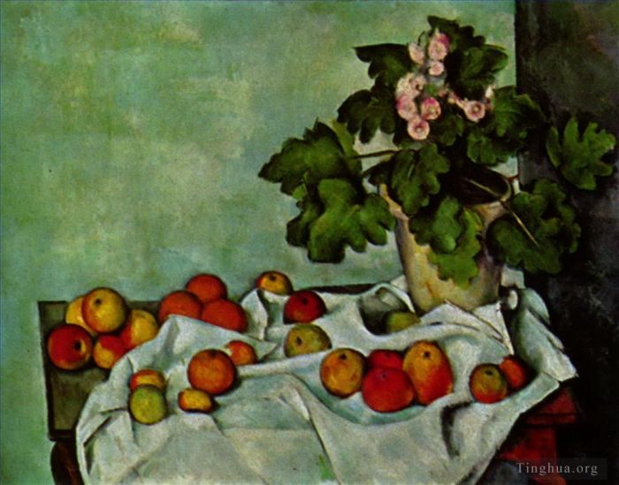 Paul Cezanne Oil Painting - Still life with fruit geraniums Stock