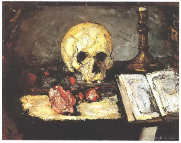 Paul Cezanne Oil Painting - Still life with skull candle and book