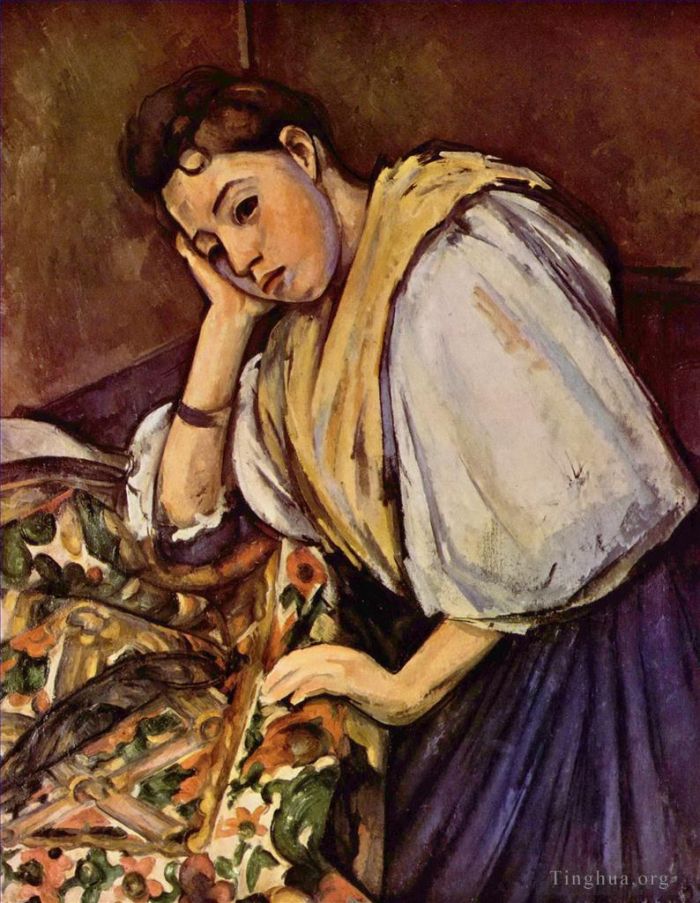 Paul Cezanne Oil Painting - Young Italian Girl Resting on Her Elbow