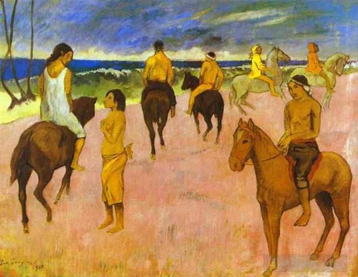 Paul Gauguin Oil Painting - 5 Horsemen on the Beach