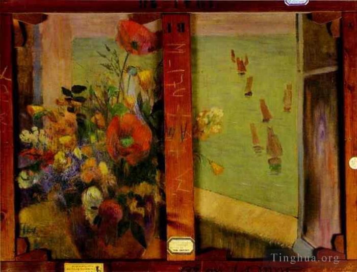 Paul Gauguin Oil Painting - Bouquet of Flowers with a Window Open to the Sea Reverse of Hay Making in Brittany