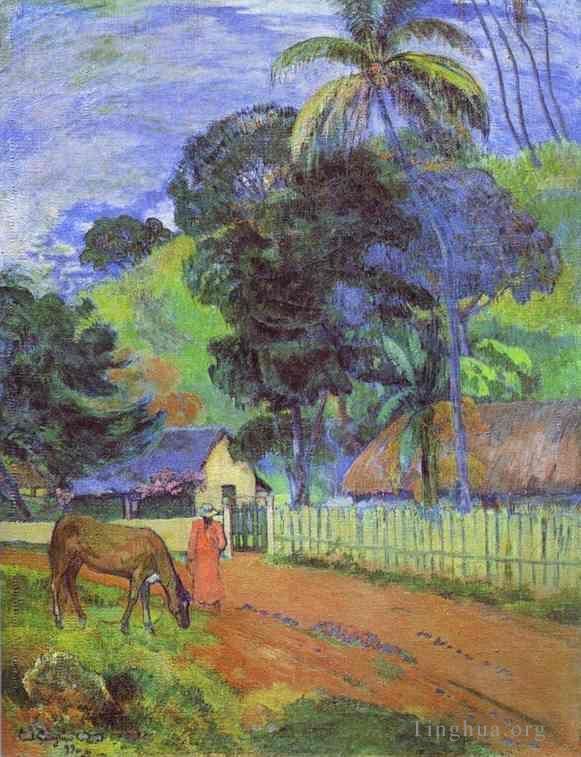 Paul Gauguin Oil Painting - Horse on Road Tahitian Landscape