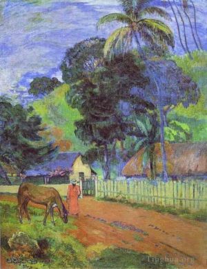 Artist Paul Gauguin's Work - Horse on Road Tahitian Landscape
