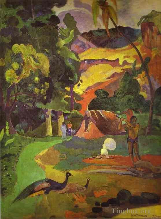 Paul Gauguin Oil Painting - Matamoe Landscape with Peacocks
