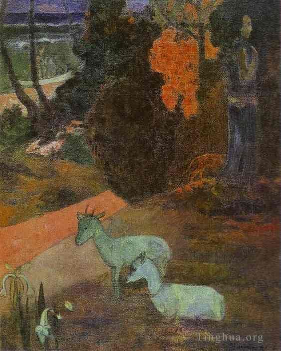 Paul Gauguin Oil Painting - Tarari maruru Landscape with Two Goats
