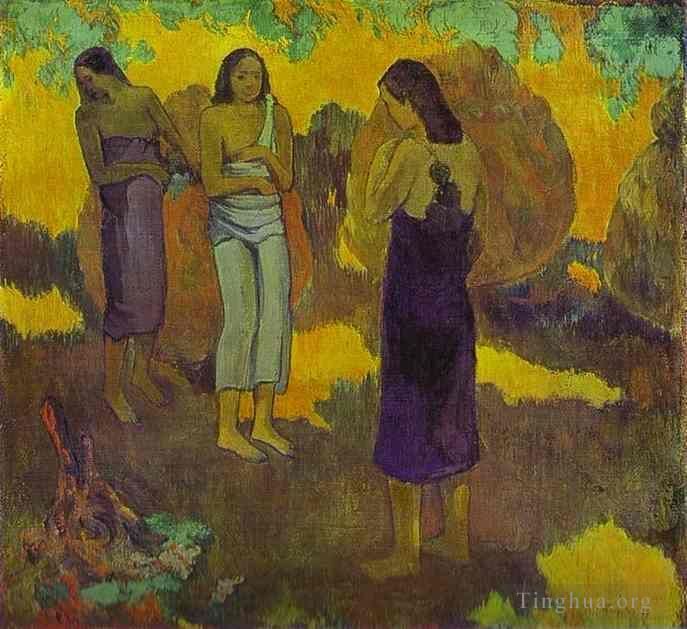 Paul Gauguin Oil Painting - Three Tahitian Women Against a Yellow Background