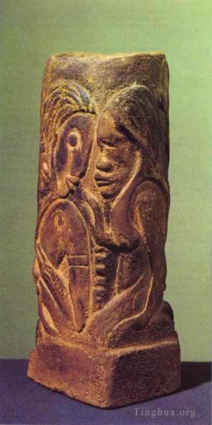 Antique Sculpture - Ceramic vase with Tahitian Gods Hina and Tefatou