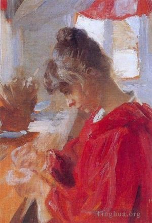Artist Peder Severin Kroyer's Work - Marie en vestido rojo 1890