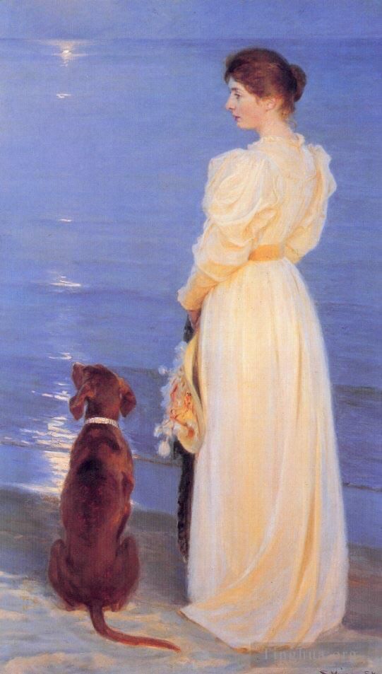 Peder Severin Kroyer Oil Painting - Summer Evening at Skagen The Artist’s Wife and Dog by the Shore