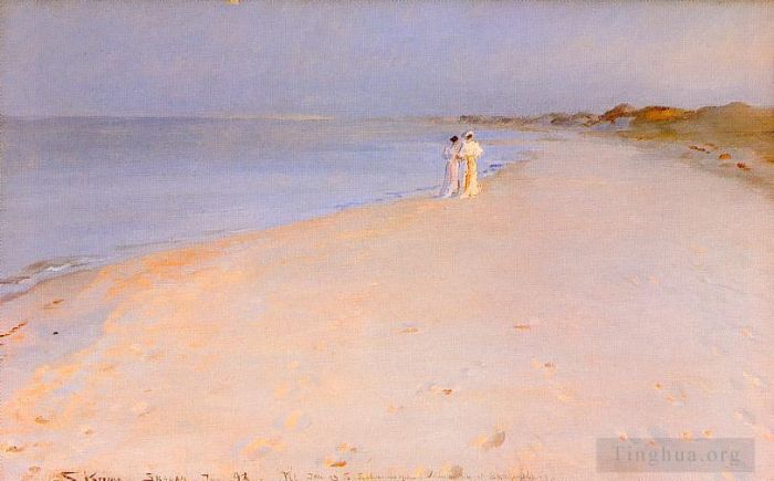 Peder Severin Kroyer Oil Painting - Summer evening at the South Beach Skagen - Anna Acher and Marie Krøyer
