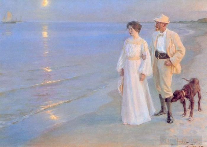 Peder Severin Kroyer Oil Painting - Summer Evening at Skagen Beach – The Artist and his Wife