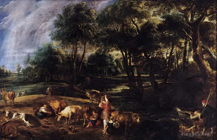 Peter Paul Rubens Oil Painting - Landscape with cows and wildfowlers