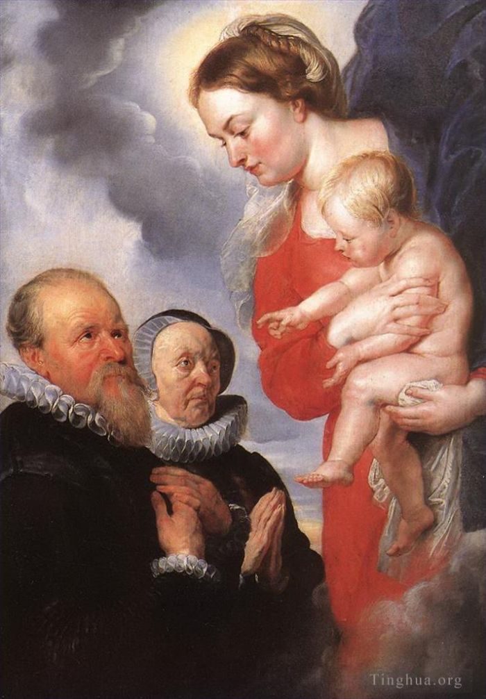 Peter Paul Rubens Oil Painting - Madonna and child with the donors alexandre goubeau and his wife anne antoni