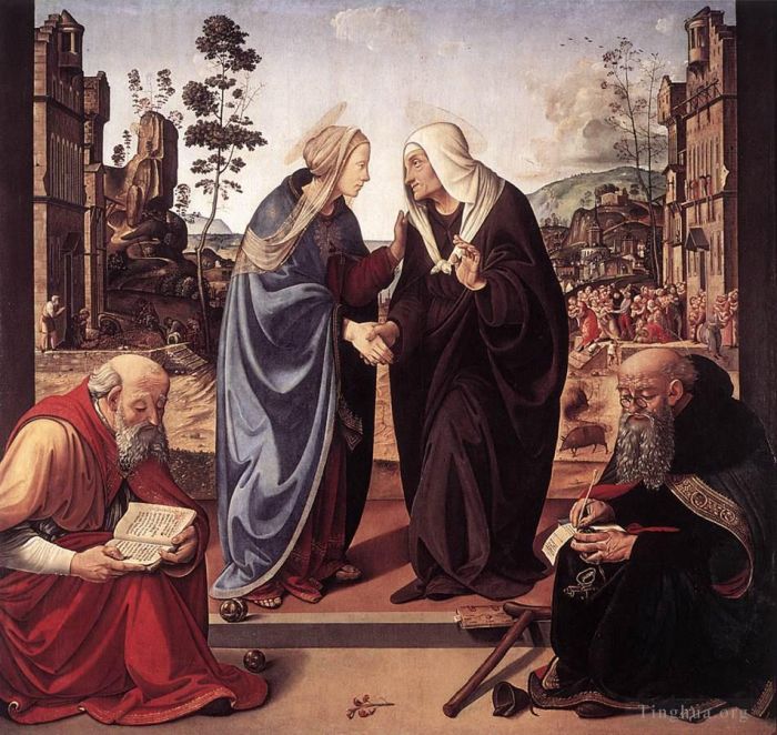 Piero di Cosimo Oil Painting - The Visitation with Sts Nicholas and Anthony 1489