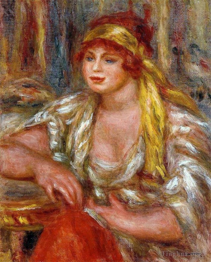 Pierre-Auguste Renoir Oil Painting - Andree in yellow turban and blue skirt