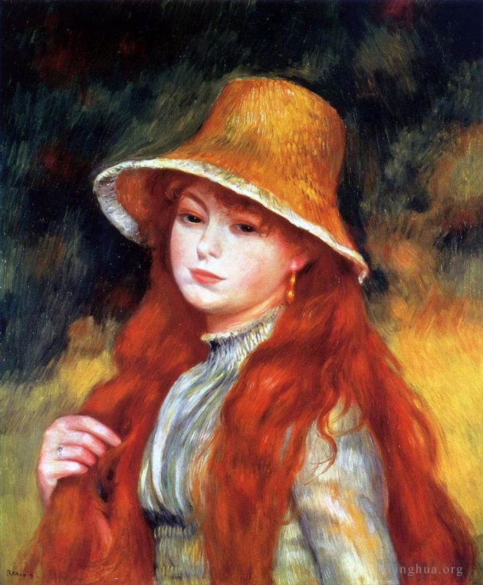 Pierre-Auguste Renoir Oil Painting - Girl with a Straw Hat (Young Girl in a Straw Hat)