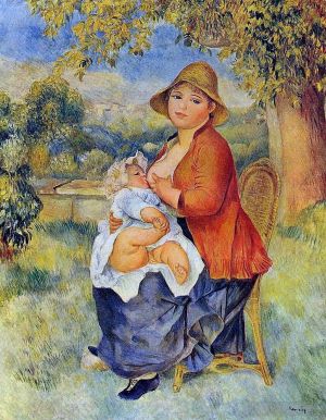 Artist Pierre-Auguste Renoir's Work - Mother and child (Motherhood or Woman Breast Feeding Her Child)