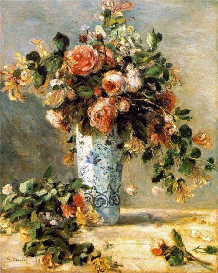 Pierre-Auguste Renoir Oil Painting - Roses and jasmine in a delft vase flower