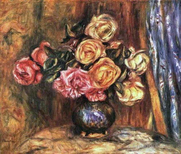 Pierre-Auguste Renoir Oil Painting - Roses in front of a blue curtain flower
