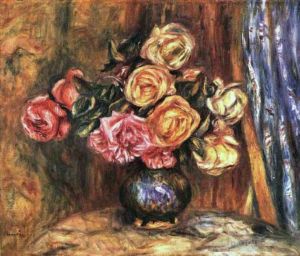 Artist Pierre-Auguste Renoir's Work - Roses in front of a blue curtain flower