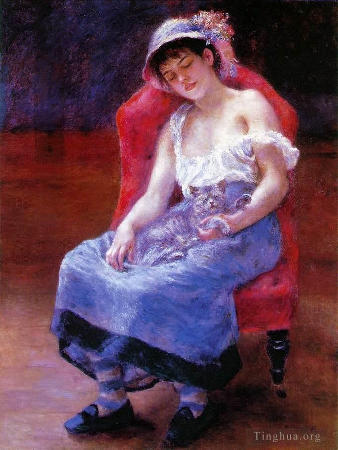 Pierre-Auguste Renoir Oil Painting - Sleeping girl with a cat