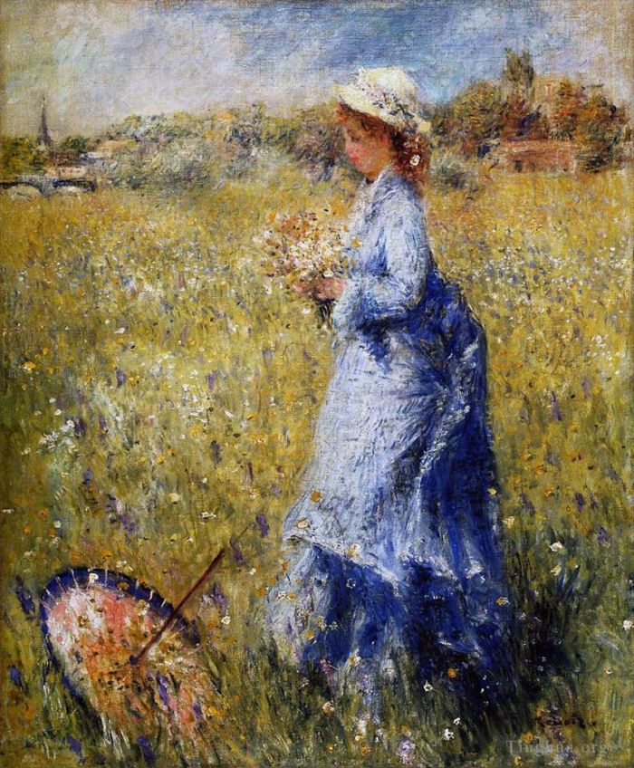 Pierre-Auguste Renoir Oil Painting - Woman gathering flowers