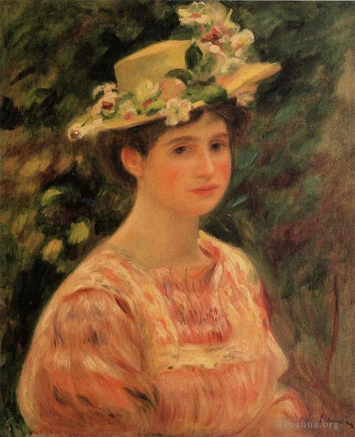 Pierre-Auguste Renoir Oil Painting - Young woman wearing a hat with wild roses