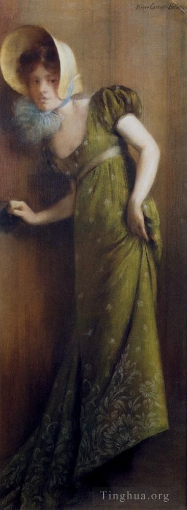 Pierre Carrier-Belleuse Oil Painting - Elegant Woman In A Green Dress