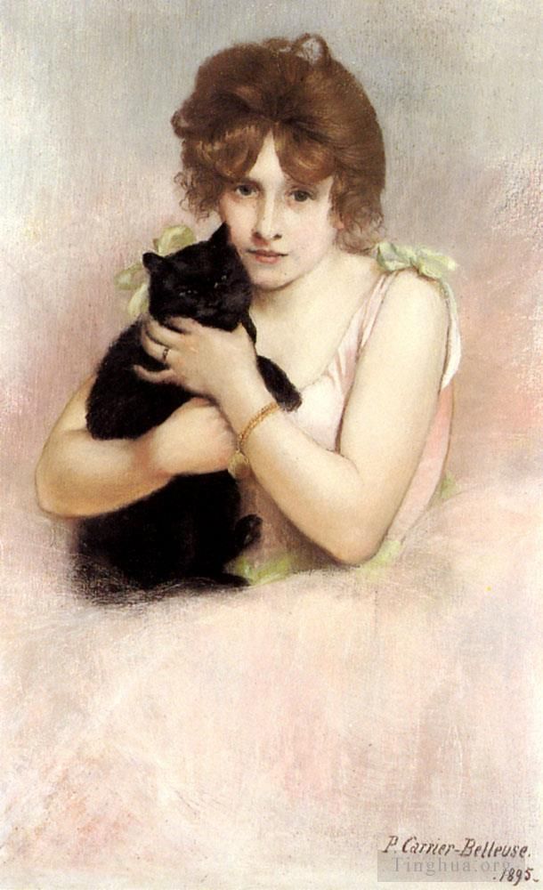 Pierre Carrier-Belleuse Oil Painting - Young Ballerina Holding A Black Cat