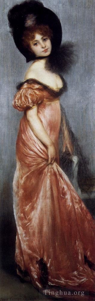 Pierre Carrier-Belleuse Oil Painting - Young Girl In A Pink Dress
