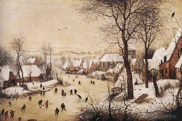 Pieter Brueghel the Elder Oil Painting - Winter Landscape With Skaters And Bird Trap
