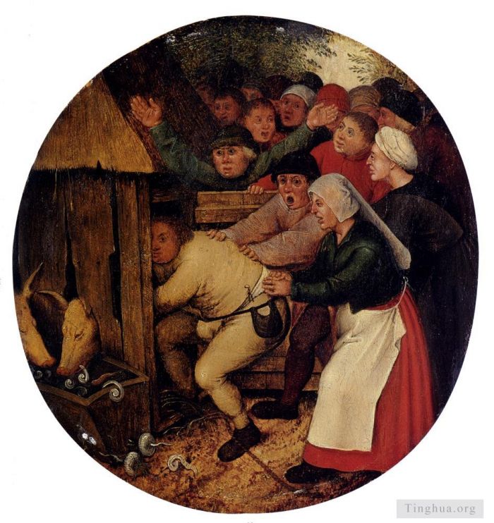 Pieter Bruegel the Younger Oil Painting - Pushed Into The Pig Sty