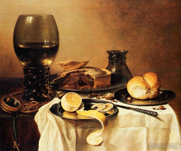 Pieter Claesz Oil Painting - Breakfast Still Life With Roemer Meat Pie Lemon And Bread